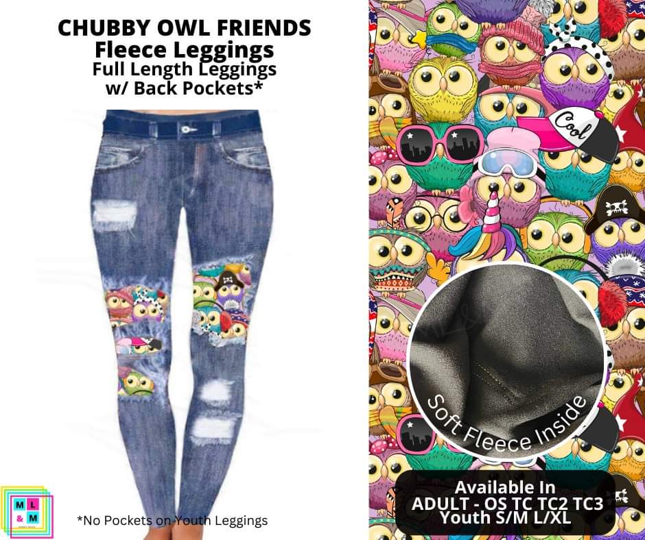 Chubby Owl Friends Faux Denim Fleece Peekaboo Leggings