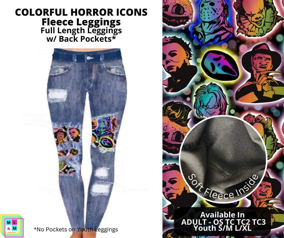 Colorful Horror Icons Faux Denim Fleece Peekaboo Leggings