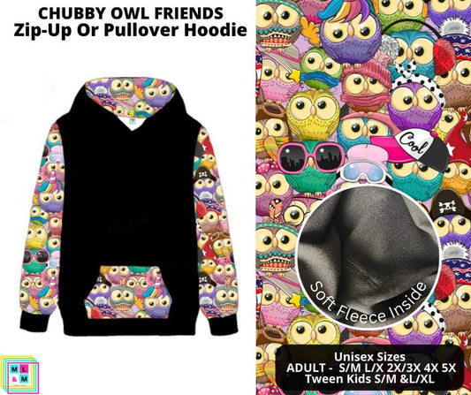 Chubby Owl Friends Zip-Up or Pullover Hoodie