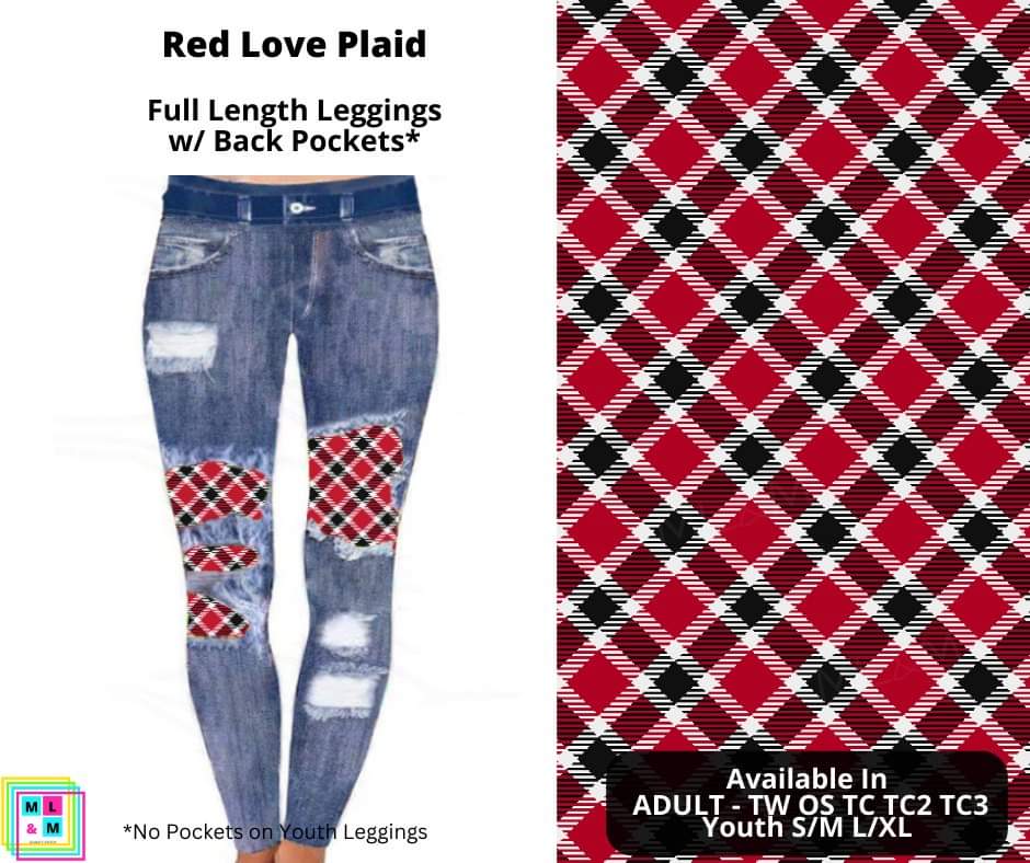 Red Love Plaid Faux Denim Full Length Peekaboo Leggings