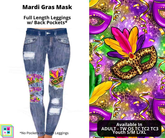 Mardi Gras Mask Faux Denim Full Length Peekaboo Leggings