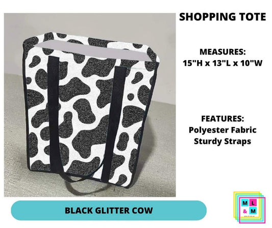 Black Glitter Cow Shopping Tote