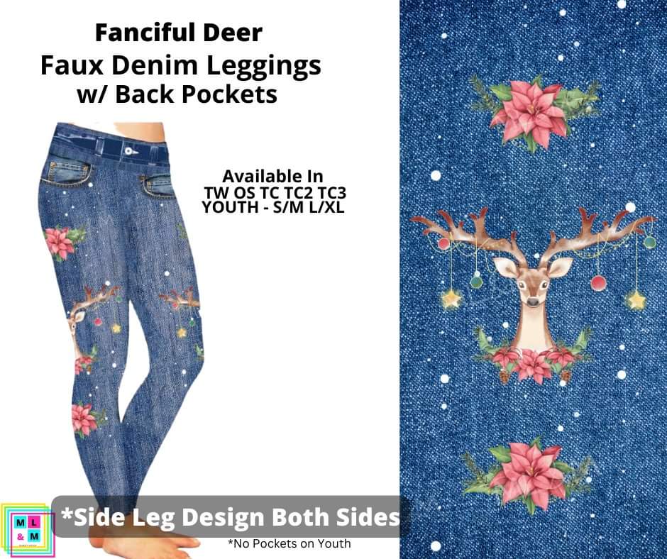 Fanciful Deer Full Length Faux Denim w/ Side Leg Designs