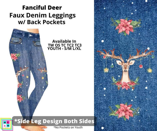 Fanciful Deer Full Length Faux Denim w/ Side Leg Designs