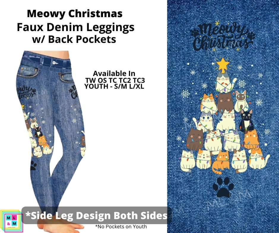 Meowy Christmas Full Length Faux Denim w/ Side Leg Designs