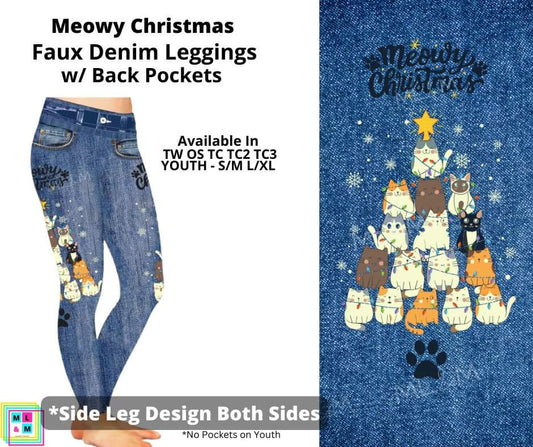 Meowy Christmas Full Length Faux Denim w/ Side Leg Designs