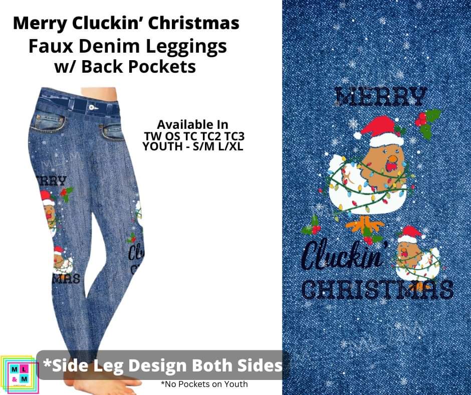 Merry Cluckin' Christmas Full Length Faux Denim w/ Side Leg Designs