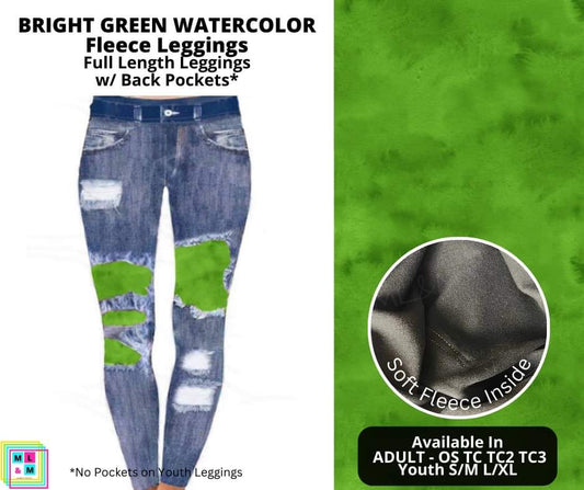 Bright Green Watercolor Faux Denim Peekaboo Fleece Leggings