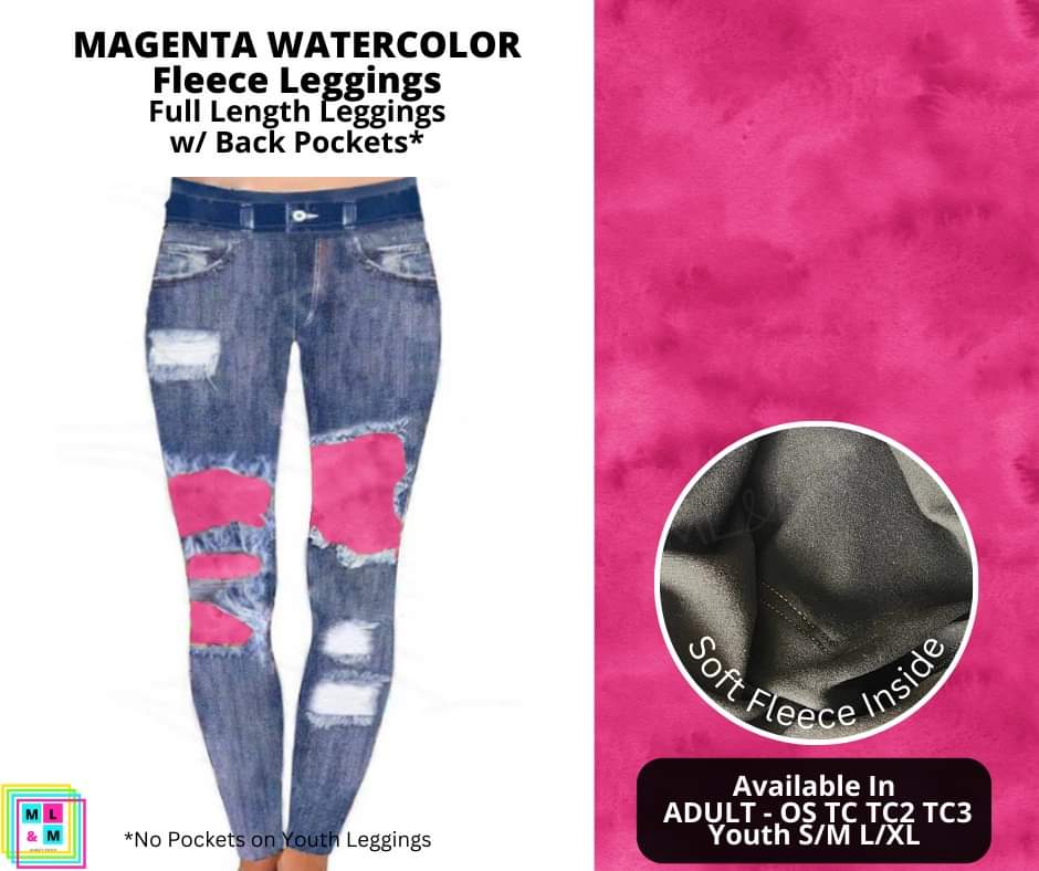 Magenta Watercolor Faux Denim Peekaboo Fleece Leggings