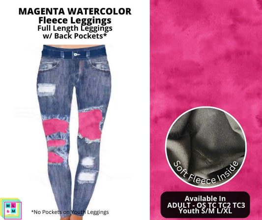 Magenta Watercolor Faux Denim Peekaboo Fleece Leggings