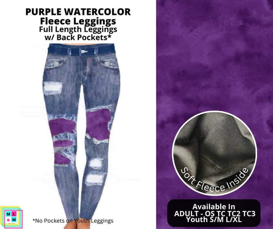 Purple Watercolor Faux Denim Peekaboo Fleece Leggings