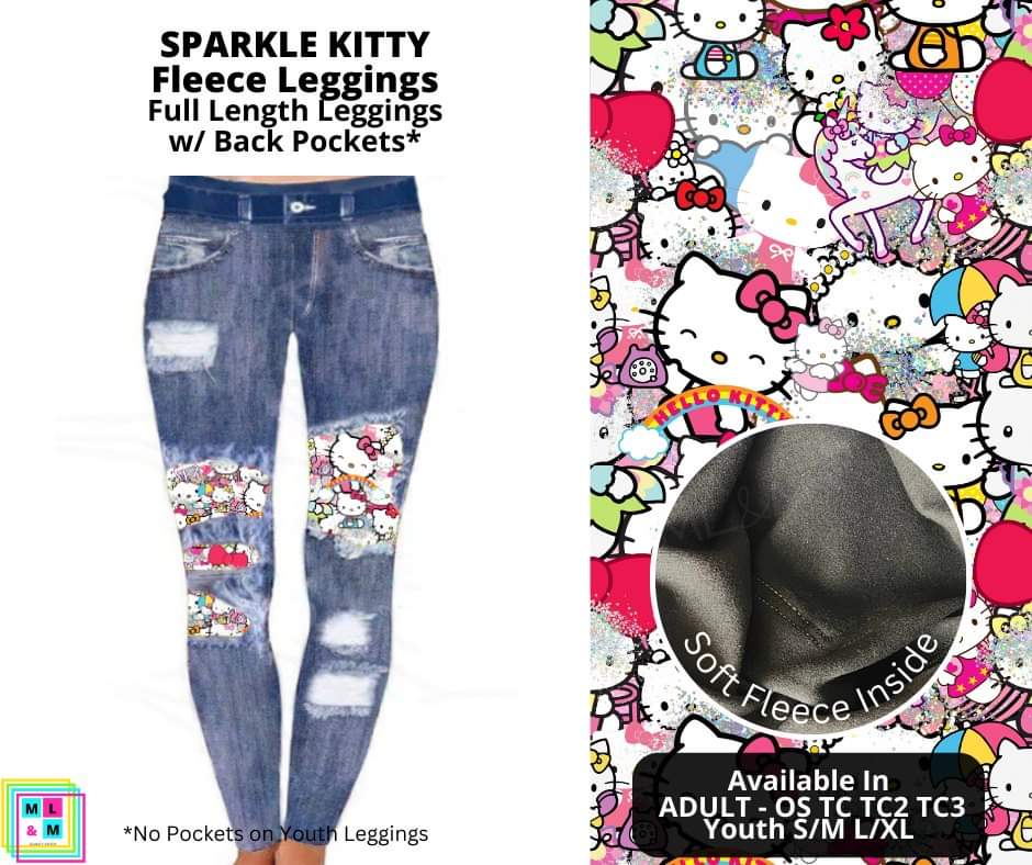 Sparkle Kitty Faux Denim Peekaboo Fleece Leggings