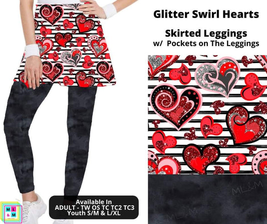 Glitter Swirl Hearts Skirted Full Length Leggings w/ Pockets