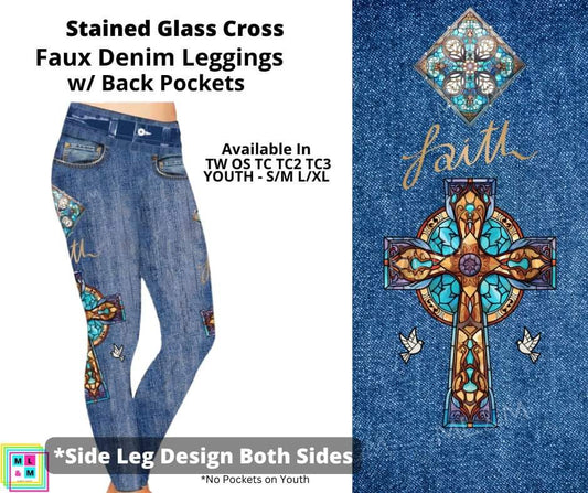 Stained Glass Cross Full Length Faux Denim w/ Side Leg Designs