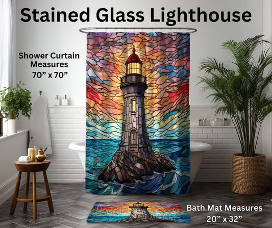 Stained Glass Lighthouse Custom Shower Curtain and/or Bath Mat