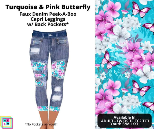 Turquoise & Pink Butterfly Faux Denim Peekaboo Capris