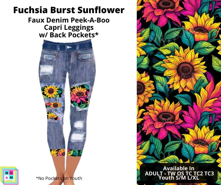 Fuchsia Burst Sunflower Faux Denim Peekaboo Capris