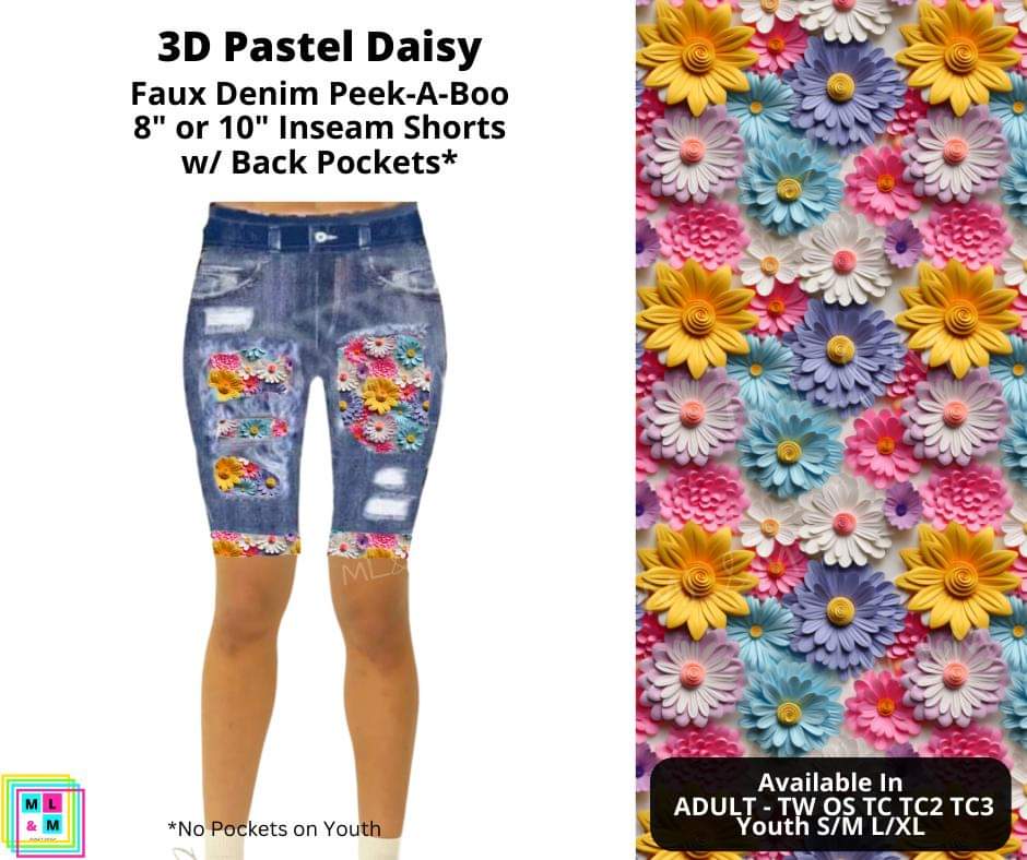 3D Pastel Daisy Faux Denim Shorts
