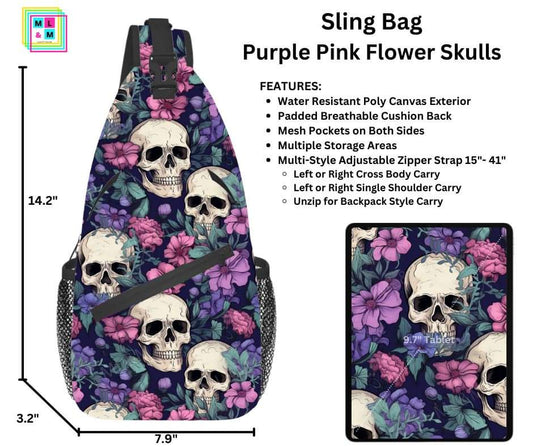 Purple Pink Flower Skulls Sling Bag