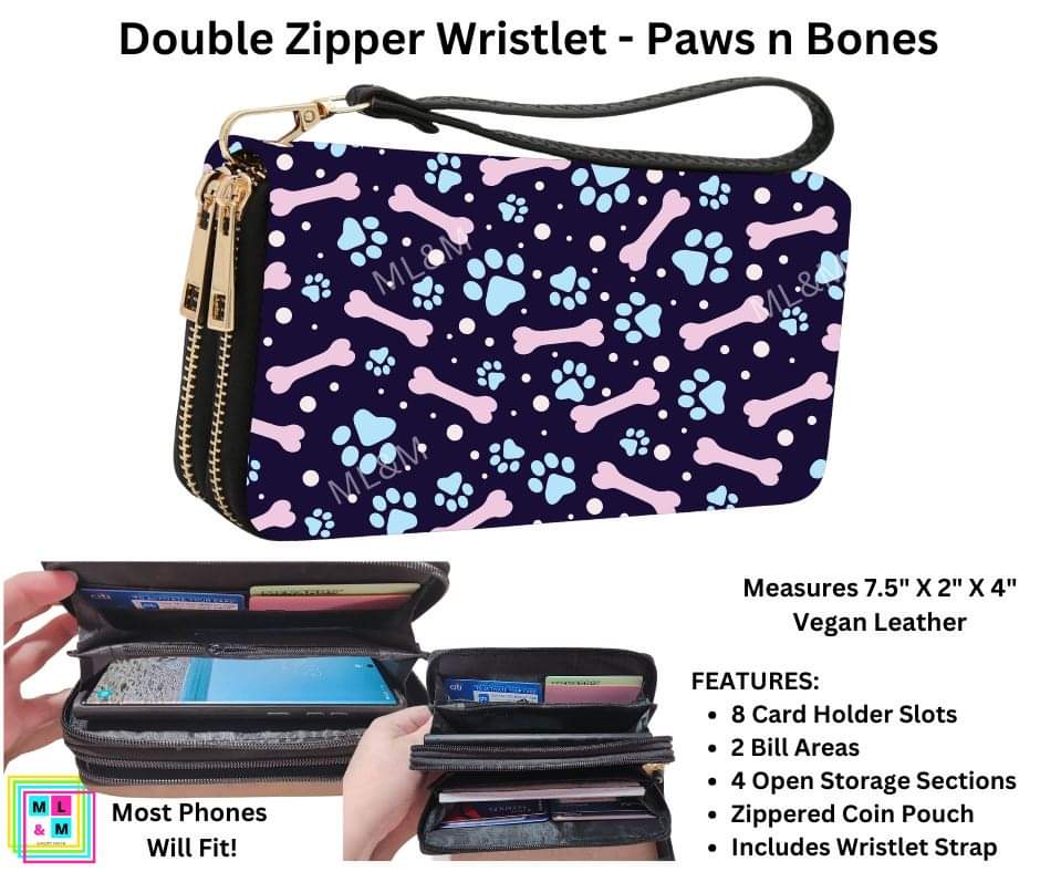 Paws n Bones Double Zipper Wristlet