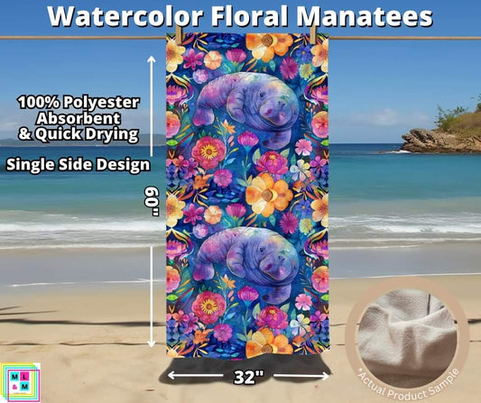 Watercolor Floral Manatees Towel