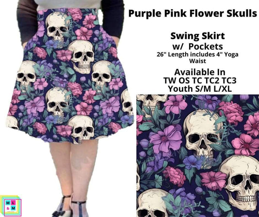 Purple Pink Flower Skulls Swing Skirt