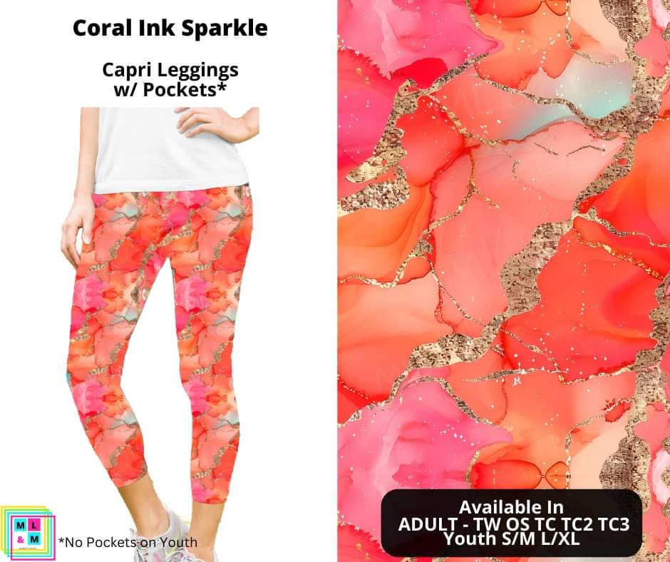 Coral Ink Sparkle Capri Length w/ Pockets