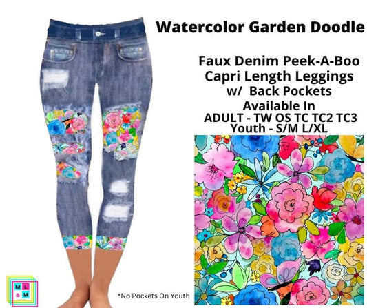 Watercolor Garden Doodle Faux Denim Peekaboo Capris