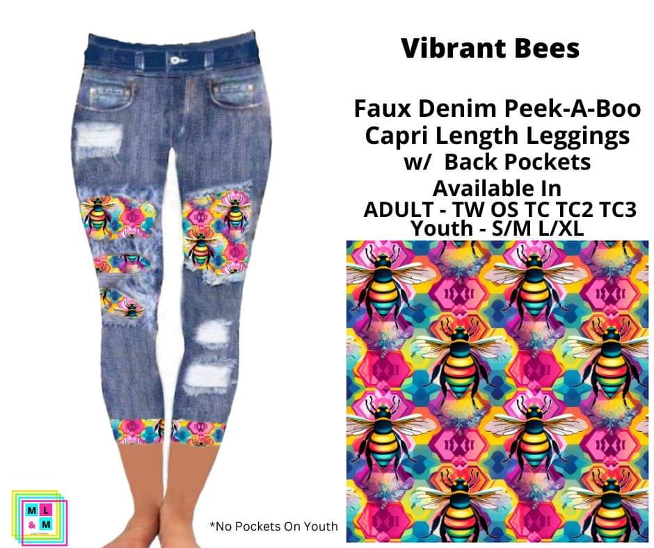 Vibrant Bees Faux Denim Peekaboo Capris