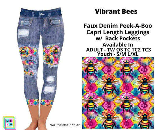 Vibrant Bees Faux Denim Peekaboo Capris
