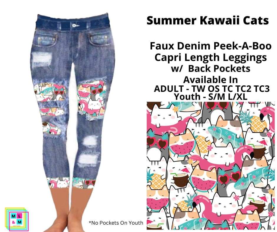 Summer Kawaii Cats Faux Denim Peekaboo Capris