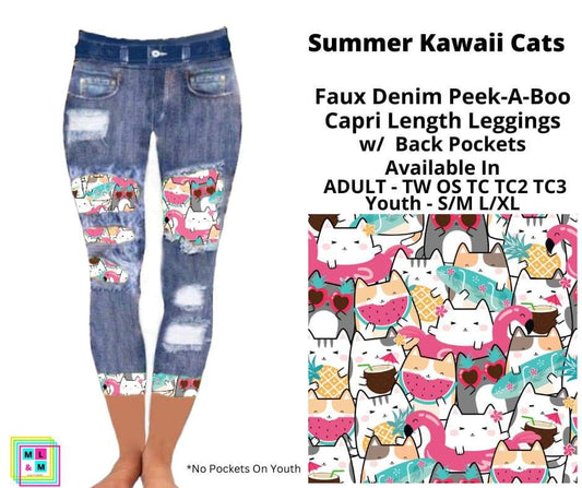 Summer Kawaii Cats Faux Denim Peekaboo Capris