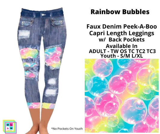 Rainbow Bubbles Faux Denim Peekaboo Capris