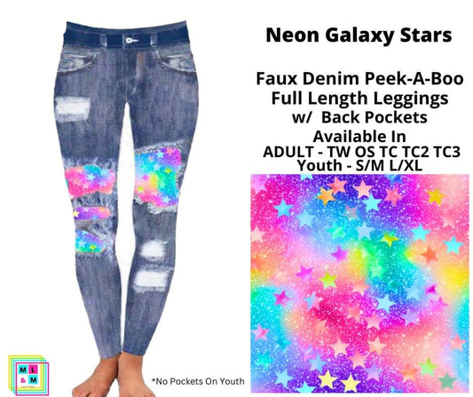 Neon Galaxy Stars Faux Denim Full Length Peekaboo Leggings