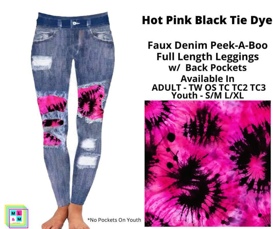 Hot Pink Black Tie Dye Faux Denim Full Length Peekaboo Leggings