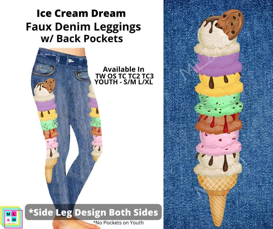 Ice Cream Dream Full Length Faux Denim w/ Side Leg Designs