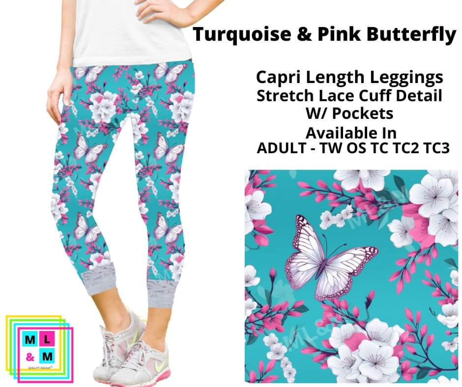 Turquoise & Pink Butterfly Lace Cuff Capris w/ Pockets