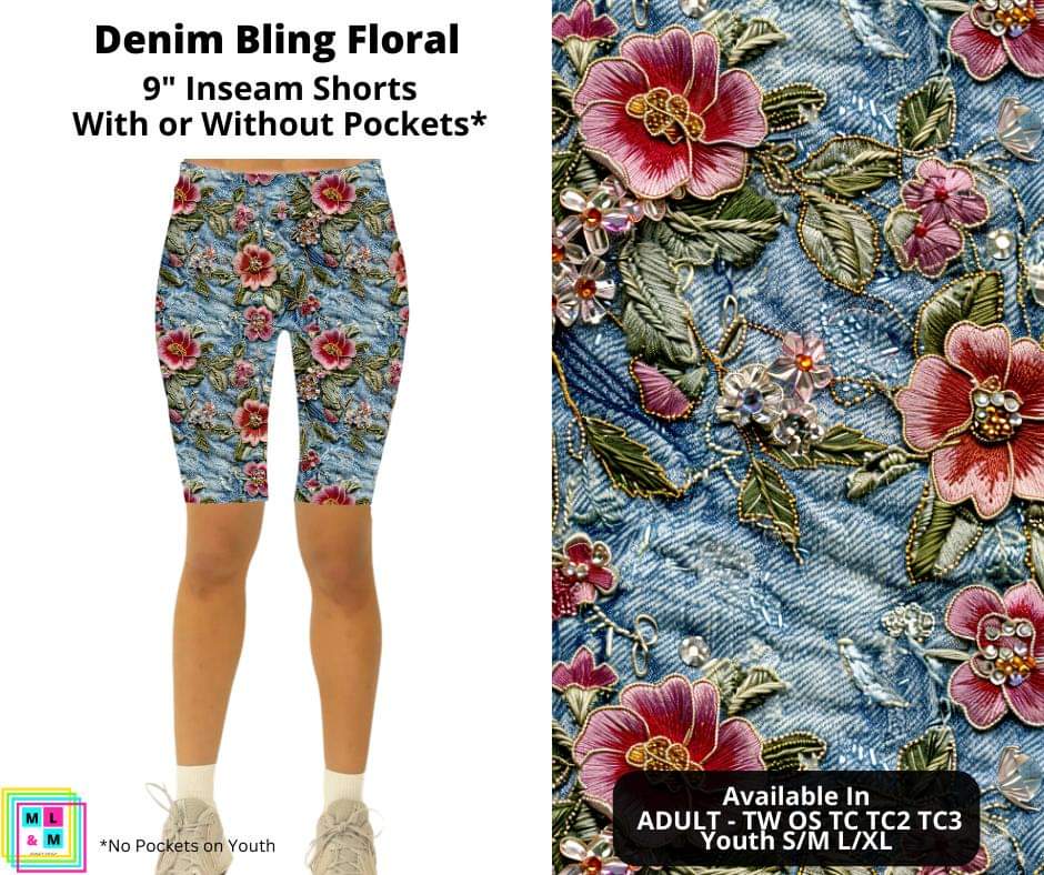 Denim Bling Floral Shorts w/ Pockets