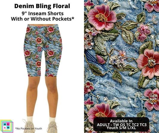 Denim Bling Floral Shorts w/ Pockets