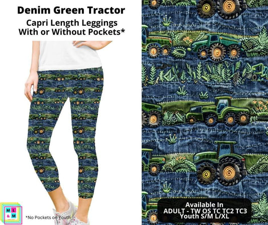 Denim Green Tractor Capri Length Leggings w/ Pockets