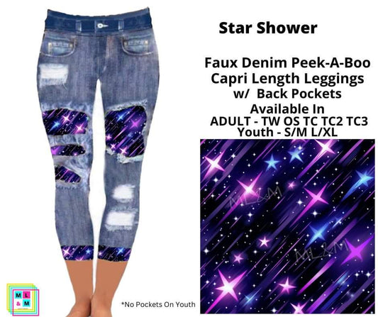 Star Shower Faux Denim Peekaboo Capris
