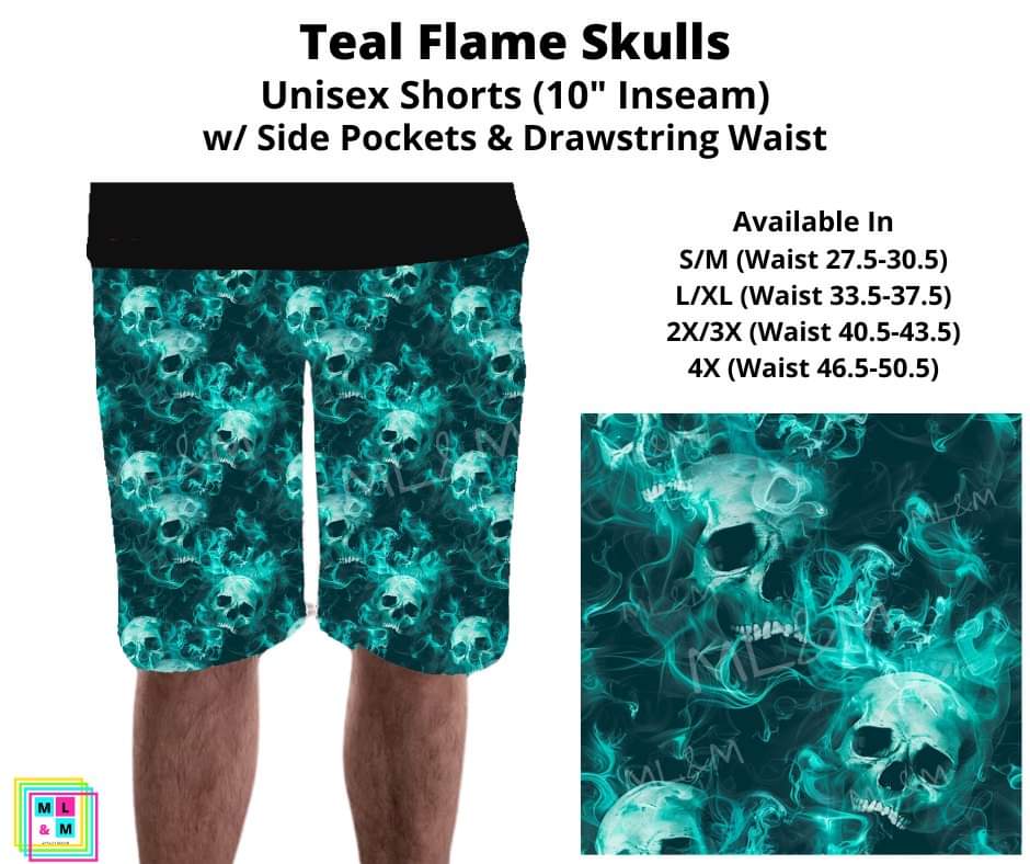Teal Flame Skulls Unisex Shorts