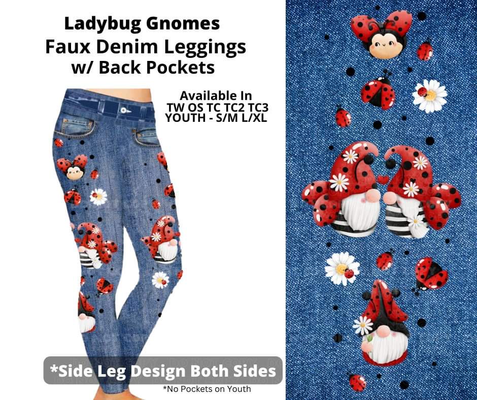 Ladybug Gnomes Full Length Faux Denim w/ Side Leg Designs