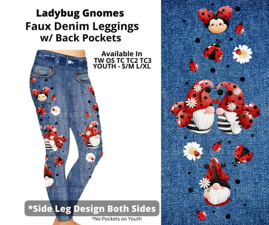 Ladybug Gnomes Full Length Faux Denim w/ Side Leg Designs