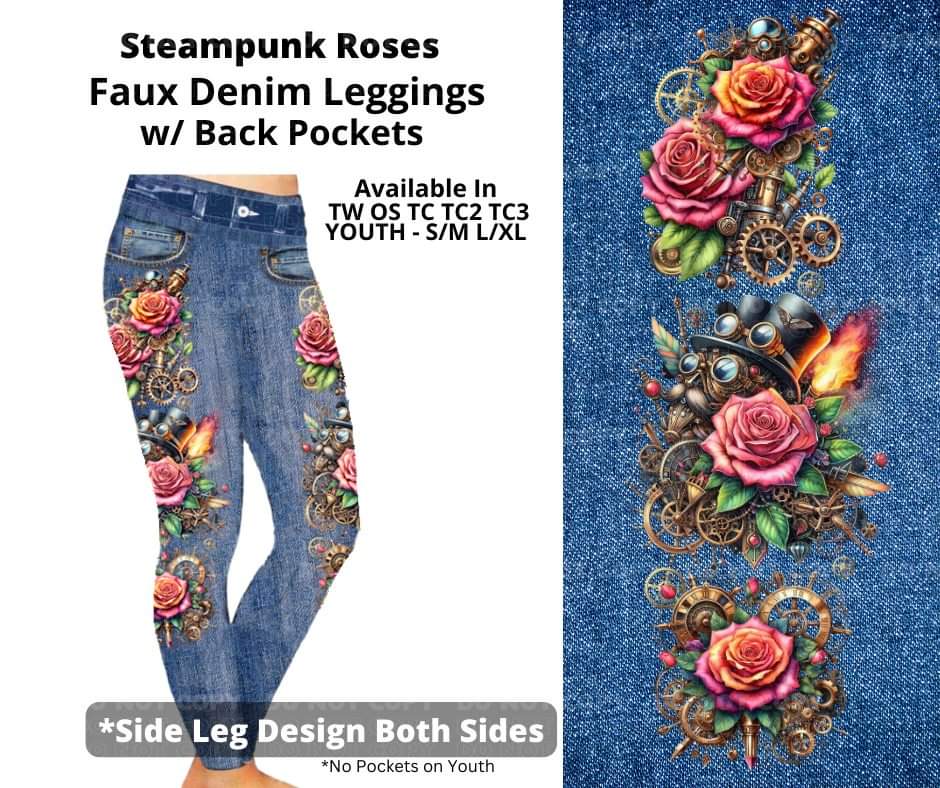 Steampunk Roses Full Length Faux Denim w/ Side Leg Designs
