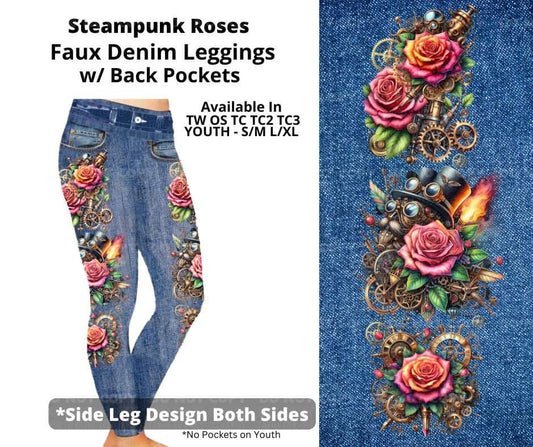 Steampunk Roses Full Length Faux Denim w/ Side Leg Designs