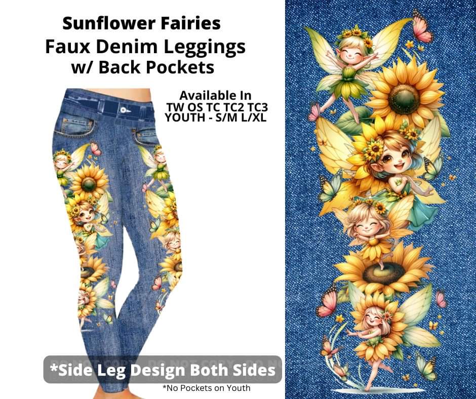 Sunflower Fairies Full Length Faux Denim w/ Side Leg Designs