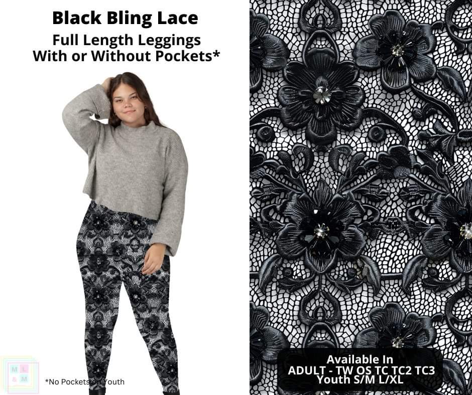 Black Bling Lace Full Length Leggings w/ Pockets