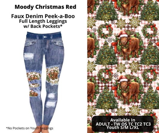 Moody Christmas Red Faux Denim Full Length Peekaboo Leggings