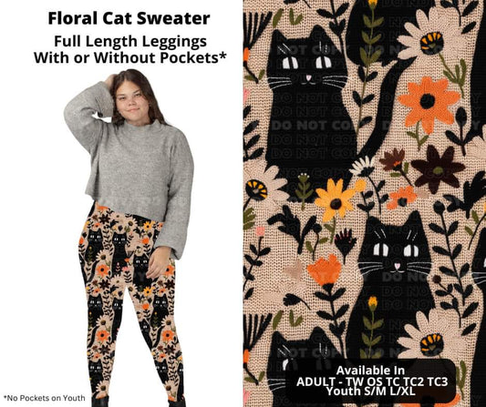 Floral Cat Sweater Full Length Leggings w/ Pockets